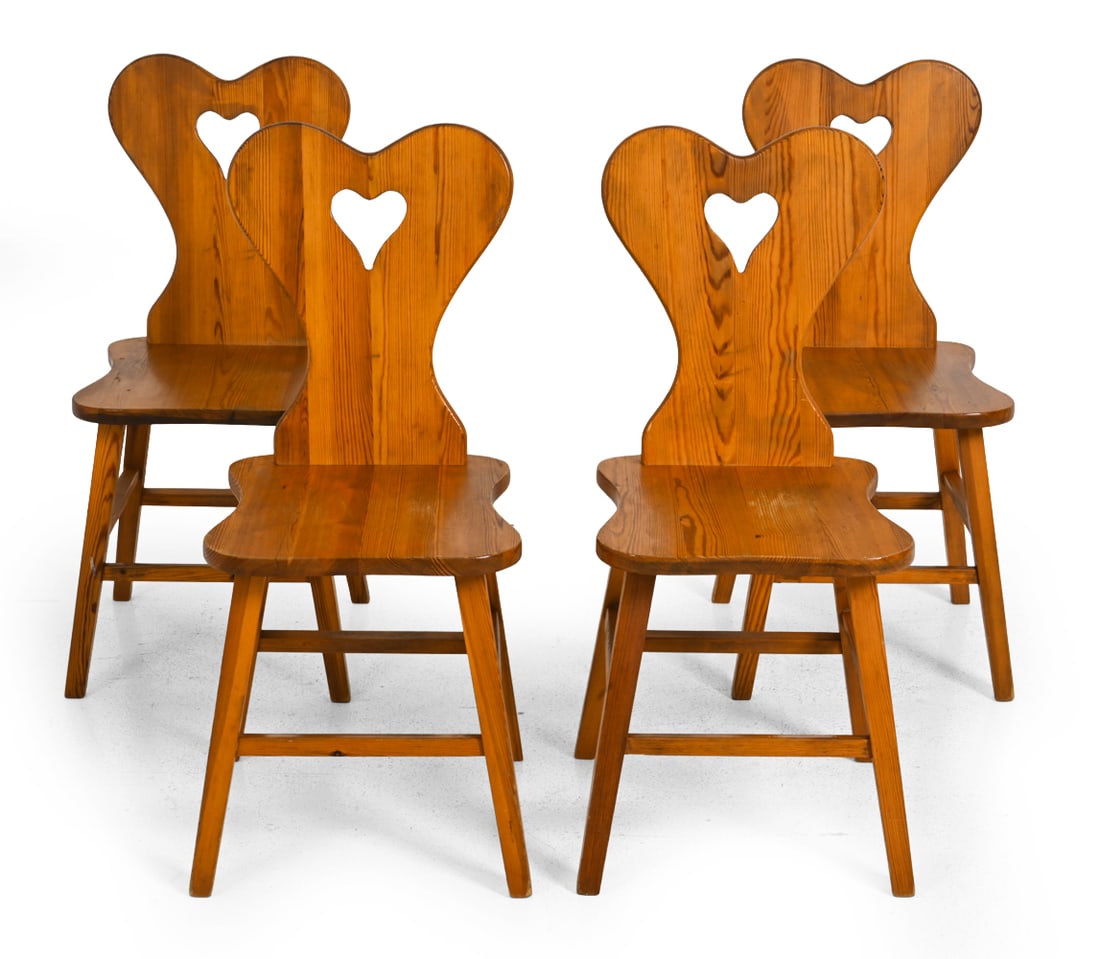 (4) SWEDISH PINE HEART BACK DINING CHAIRS C. 1960S