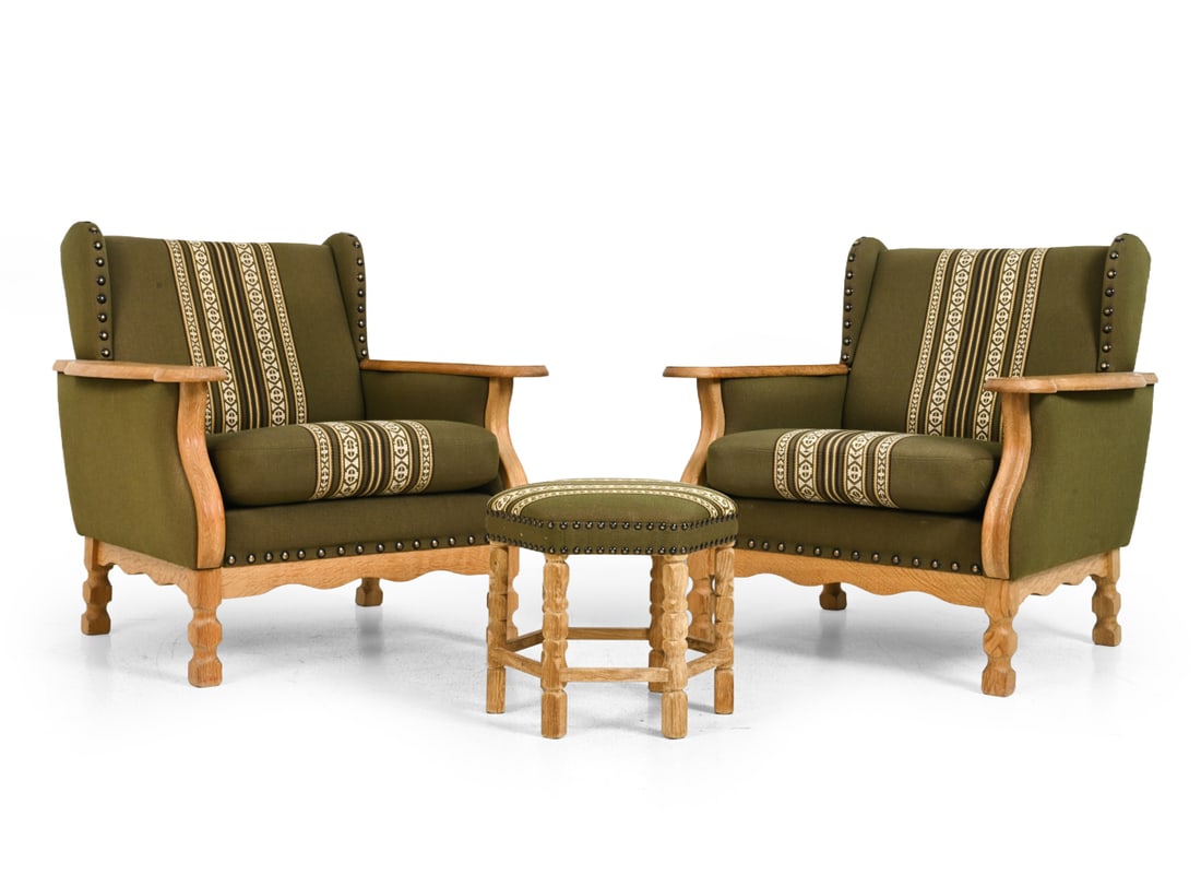PAIR HENNING KJAERNULF OAK LOUNGE CHAIRS & OTTOMAN