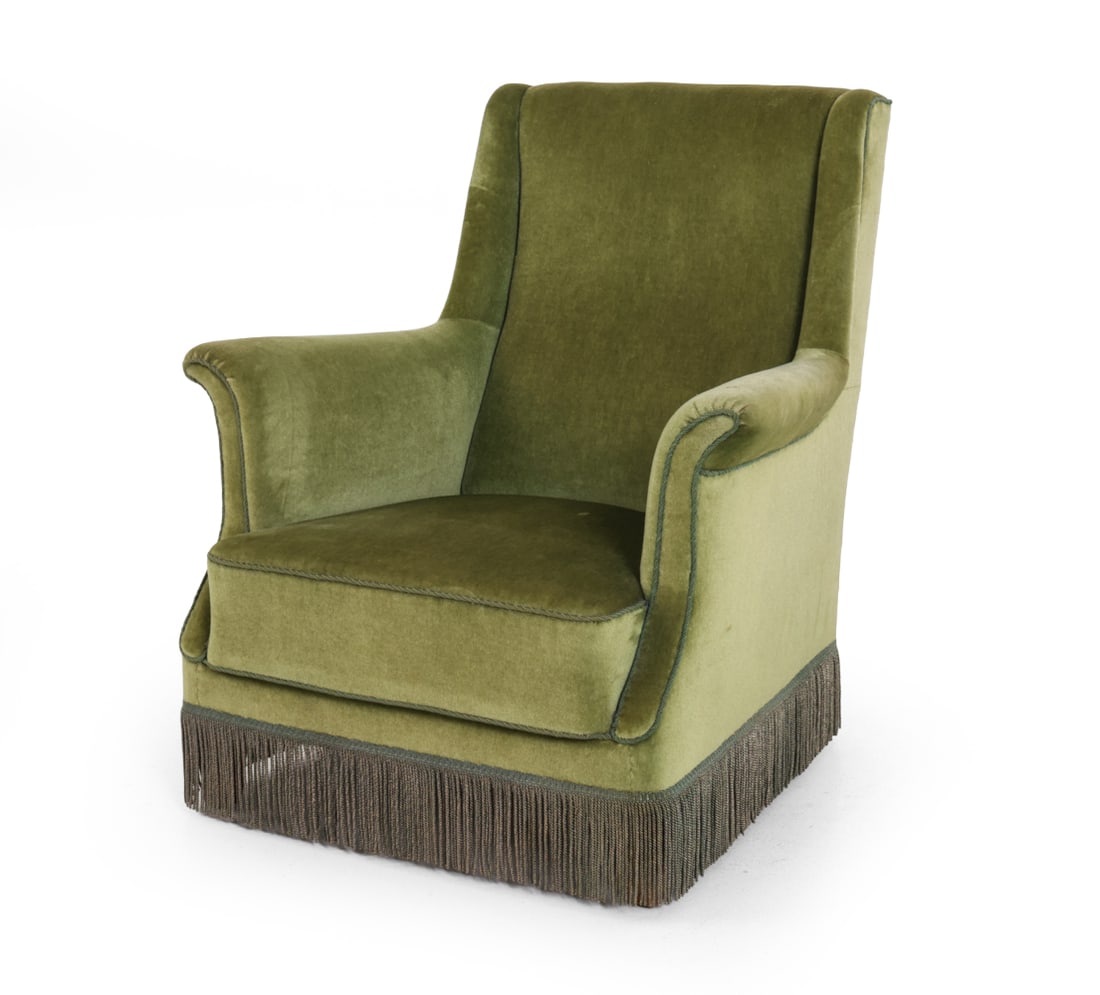 FRITZ HANSEN STYLE DANISH MOHAIR LOUNGE CHAIR: Highback chair with green mohair upholstery and fringe at bottom. Denmark, circa 1960s. Dimensions: H 35.5" x W 28" x D 30" x SH 14.25" Condition: Scuffs and wear of finish on legs. Wear consistent