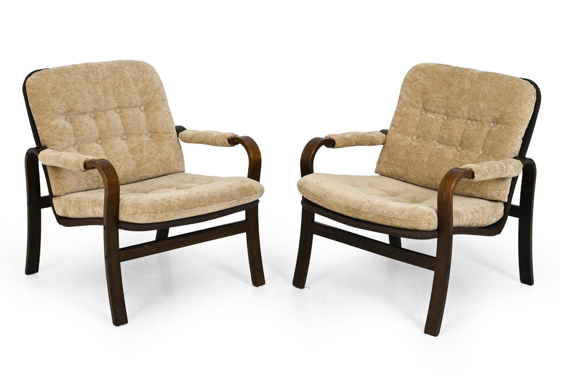 PAIR FARSTRUP DANISH VELOUR LOUNGE CHAIRS C. 1970S: Bent beech armchairs with velour upholstery. Denmark, circa 1970s. Dimensions: H 30 " x W 26 " x D 31" x SH 17 " Condition: Fading to arm rests. Discoloration to cushions. Scuffs/dings on legs. Wear