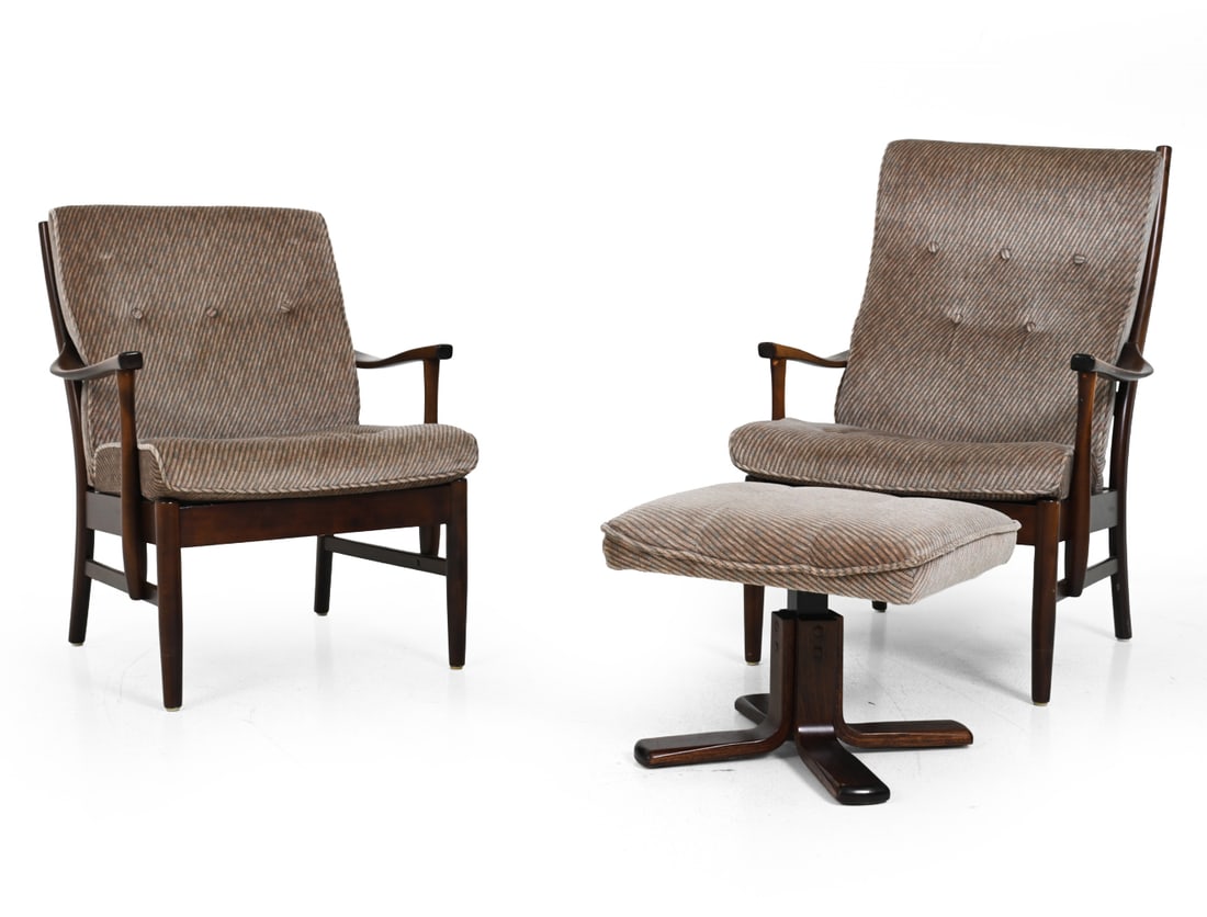 (2) FARSTRUP DANISH VELOUR LOUNGE CHAIRS & OTTOMAN: His and Hers Beech frame armchairs with tufted patterned velour upholstery and one ottoman. Apparently unmarked. Denmark, circa 1960s. Dimensions: (Taller chair) H 39" x W 26.5" x D 31" (Ottoman) H