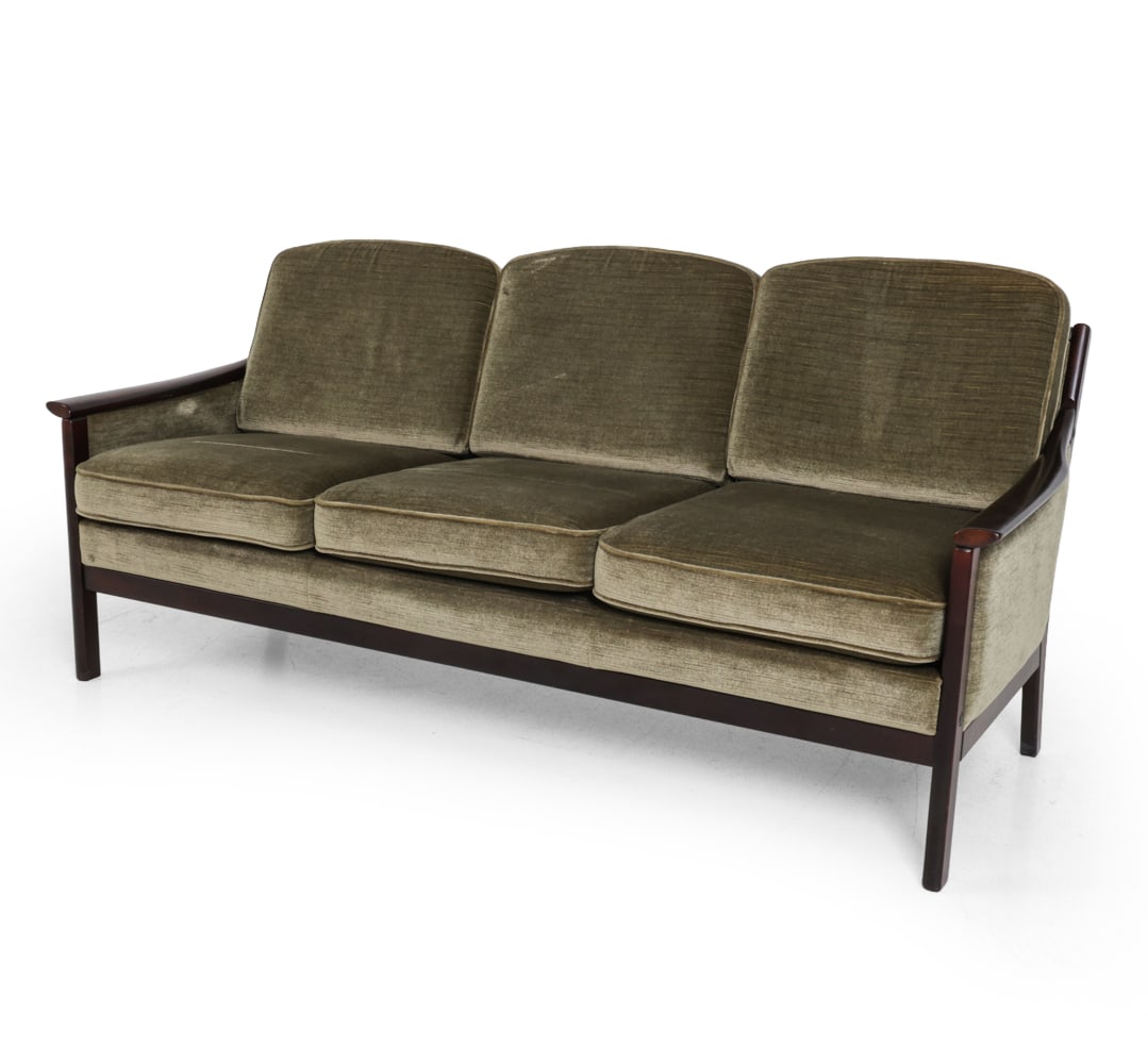FREDRIK KAYSER STYLE NORWEGIAN VELOUR SOFA 1960S: Stained beech frame with velour upholstery. Norway, circa 1960s. Dimensions: H 29.5" x W 67" x D 28" x SH 17.5" Condition: Scuffs, discoloration, and slight loss to finish. Minor thinning. Wear