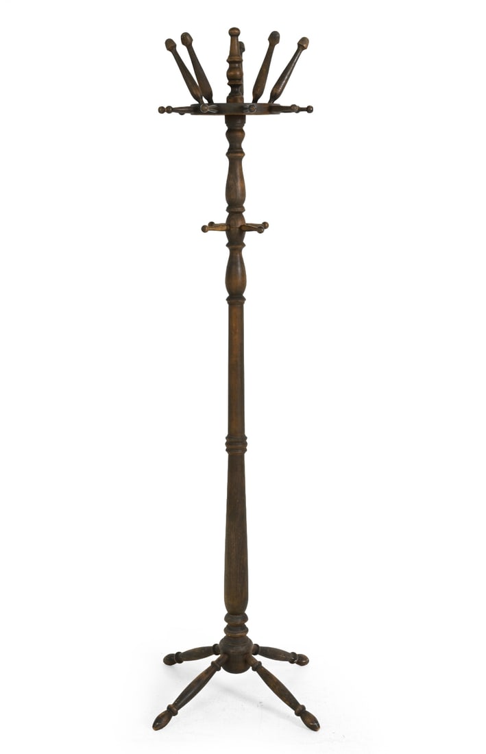 SCANDINAVIAN BEECH COAT RACK C. 1960S: Stained beech coat rack with spokes for hanging. Scandinavian, circa 1960s. Dimensions: H 69" x W 24" Condition: Wear consistent with age and use. Scuffs, minor rubs. 5107