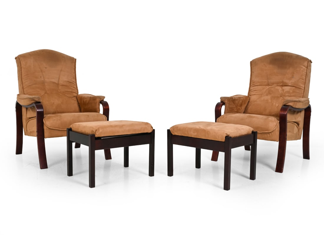 PAIR FARSTRUP STYLE LOUNGE CHAIRS & OTTOMANS 1960S (1 of 15)