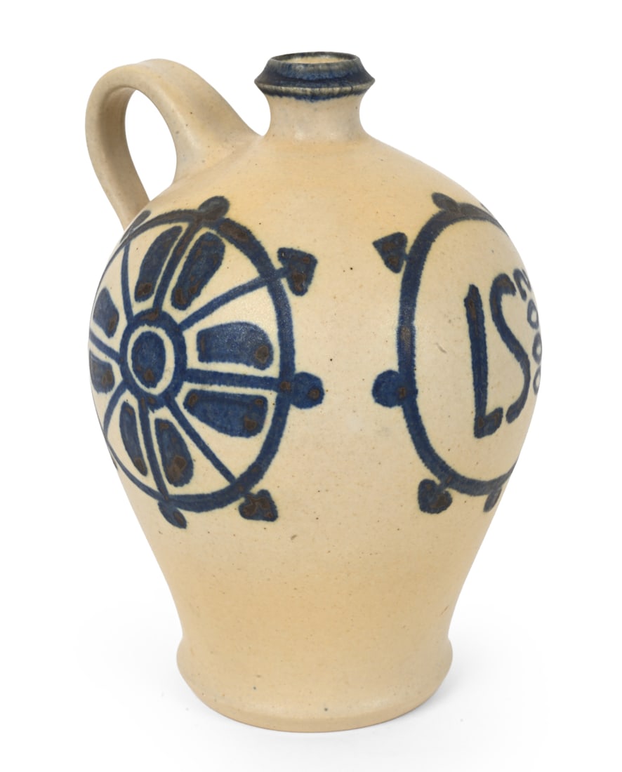 BORNHOLM DANISH CERAMIC PITCHER C. 1960S: Marked underneath. Denmark, circa 1960s. Dimensions: H 7" x Dia 5" Condition: Discoloration and staining. Minor scuffs. Wear consistent with age and use. 5152 0