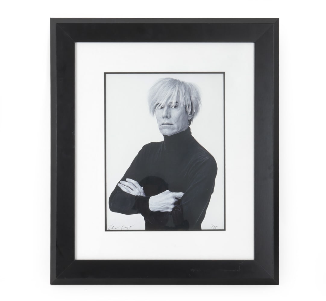 ANDREW UNANGST (B. 1950) PORTRAIT OF ANDY WARHOL: Photographic print. Signed, numbered 11/55 lower margin. Circa 1985. Dimensions: (Frame) H 27" x W 23" (Sight) H 15" x W 11.5" Condition: Wear consistent with age. Scratches to bottom of the frame.