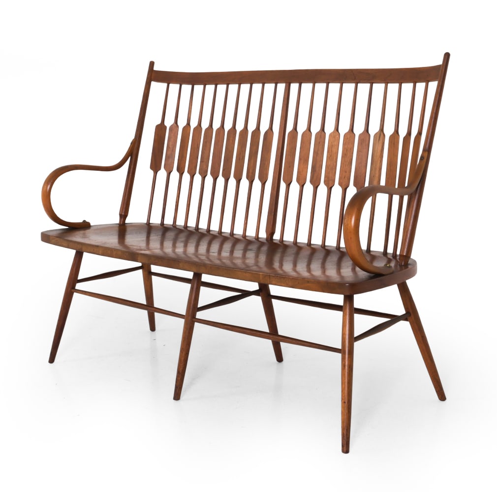 KIPP STEWART FOR DREXEL WALNUT BENCH C. 1950S: Shaker style solid walnut bench designed by Kipp Stewart and Stewart MacDougall for Drexel's "Declaration" Line. Circa 1950s. Number marked on underside. Dimensions: H 39.25" x W 54" x D 18.25" x SH