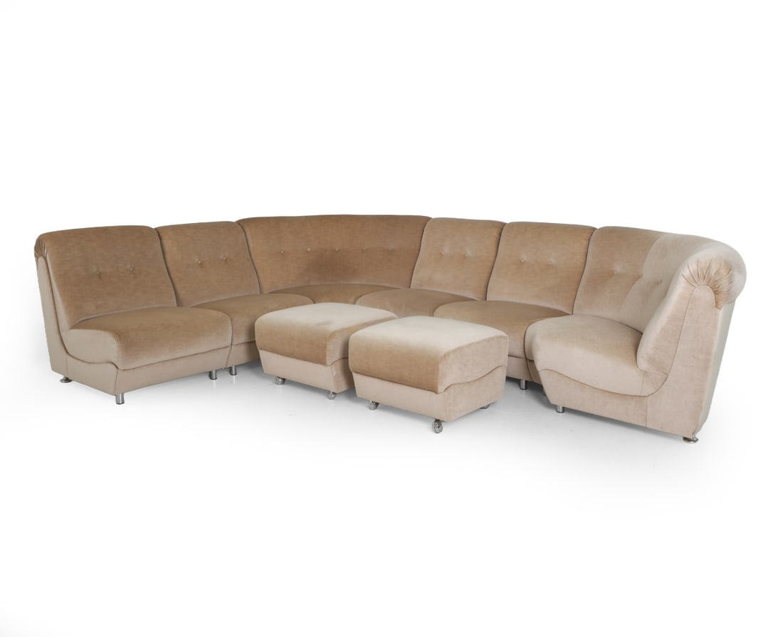 ITALIAN MOHAIR SECTIONAL SOFA & OTTOMANS 1970S: Mohair upholstered modular sofa. Italy, circa 1970s. Dimensions: (singular modular sofa x 4) H 31.25" x W 25.5" x D 27" x SH 13" (corner unit x2) H 31.25" x W 48" x D 26" x SH 13" (ottoman x 2) H 12.7