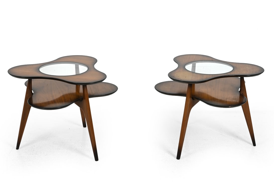 PAIR OF ERNO FABRY OCCASIONAL TABLES C. 1950S: Pair of Biomorphic tables designed by Erno Fabry. Circa 1950s. Dimensions: H 22.75" x Dia 29.5" Condition: Wear consistent with age and use. Scuffs, sun fading, watermarks and loss to finish,