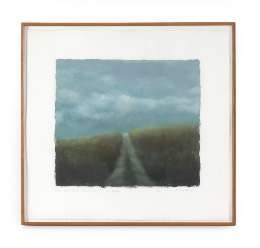 CAROL ANTHONY (B. 1943) LITHOGRAPH 1990: Signed, dated '90, titled "One Macie's Meadow Road Taken" lower margin. Dimensions: (Frame) H24 " x W 25.5" (Sight) H22 " x W 24" Condition: Wear consistent with age. Scuffs, nicks to frame.