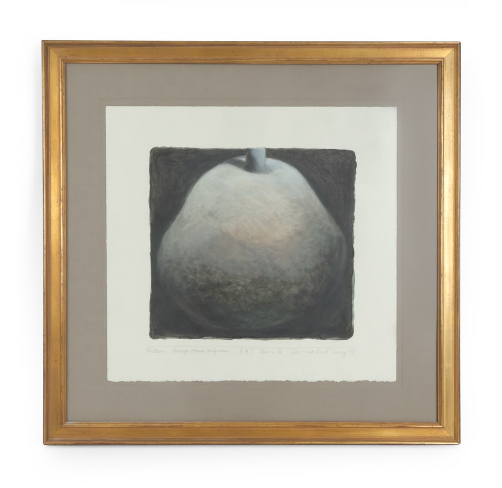 CAROL ANTHONY (B. 1943) LITHOGRAPH 1992: Signed, titled "Fat pear II", dated '92. Numbered thirteen, lower margin. Dimensions: (Frame) H 30 " x W 31" (Sight) H 20" x W 21.5 " Condition: Wear consistent with age. Light scuffs to frame.