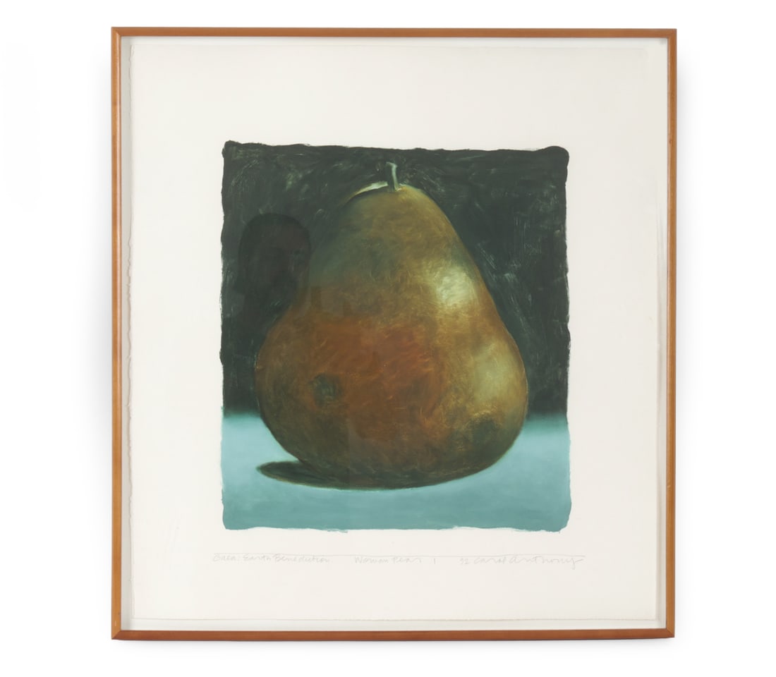 CAROL ANTHONY (B. 1943) LITHOGRAPH 1992: Signed, dated '92, titled "Woman Pear I", lower margin. Dimensions: (Frame) H 25.75 " x W 23.5" (Sight) H 23" x W 22 " Condition: Wear consistent with age. Light scuffs to frame.