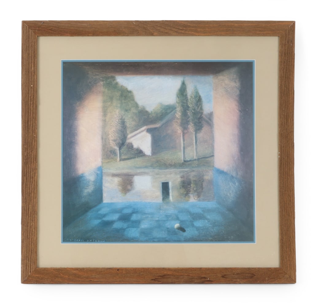 CAROL ANTHONY (B. 1943) INNER ROOM PRINT 1984: Signed, dated '84 lower left. The new Britain Museum Of American Art label on verso. Dimensions: (Frame) H 24.5 " x W 25.5 " (Sight) H 16.5 " x W 17.75" Condition: Wear consistent with age. Scuffs,