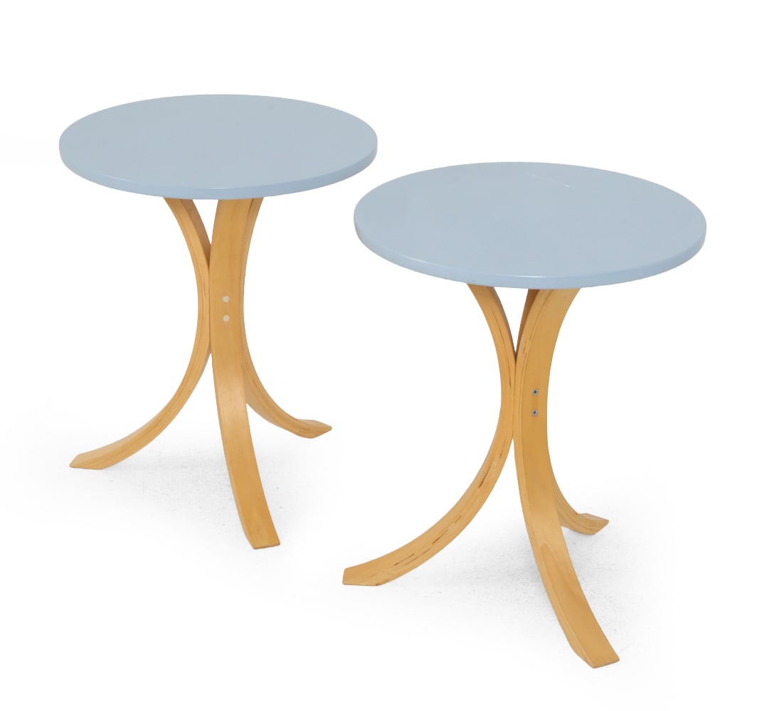 PAIR OF IKEA "FORNBRO" BIRCH SIDE TABLES: Bentwood birch legs and light blue lacquered top. Marked and dated 1999 underneath. Sweden. Dimensions: H 22" x Dia 18" Condition: Wear consistent with age and use. Some scuffs. Nicks to legs. One tab
