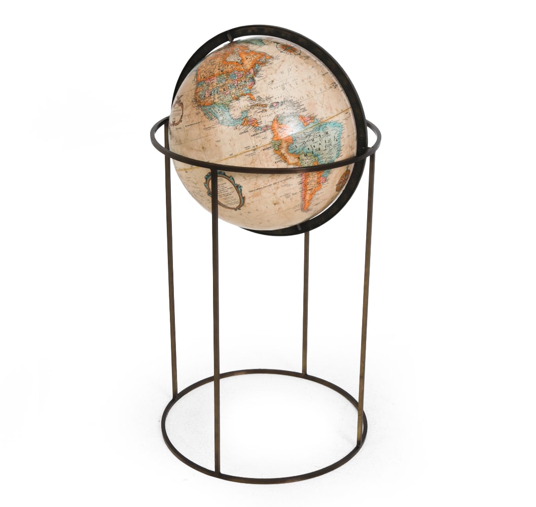 MCCOBB STYLE REPLOGLE ORBITING GLOBE C. 1970S: Orbiting globe on brass stand. Circa 1970s. Dimensions: H19.25" X Dia 19.5" Condition: Patina of brass, discoloration and wear of finish on globe. Wear consistent with age and use.