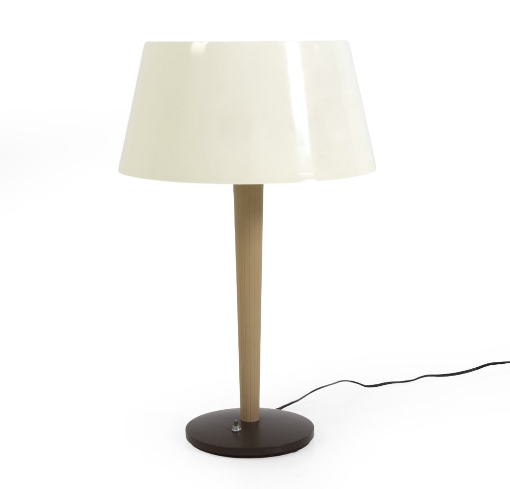 GERALD THURSTON FOR LIGHTOLIER TABLE LAMP C. 1960S: Table lamp with acrylic shade and brown metal base. Marked "PL-79424" and "Lightolier" on interior of lighting element. Circa 1960s. Dimensions: (w/shade) H 23" x Dia. 14" Condition: Showing light