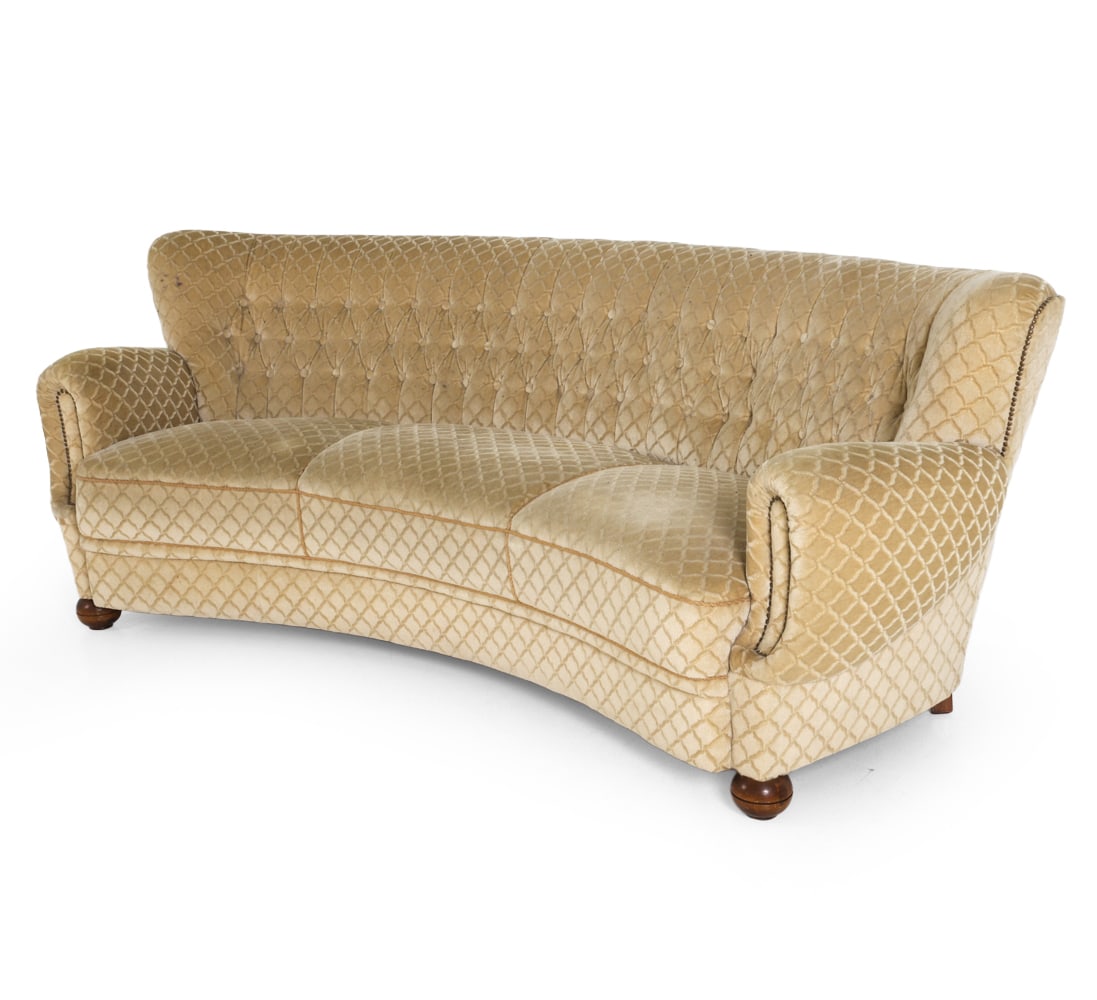 DECO STYLE DANISH MOHAIR SOFA C. 1950S: Dimensions: H 33" x W 80" x D 36" x SH 16.5". Condition: Fading, discolored spots, and mild surface soiling to fabric. Scratches to legs. Tear to back fabric. Wear consistent with age and use.