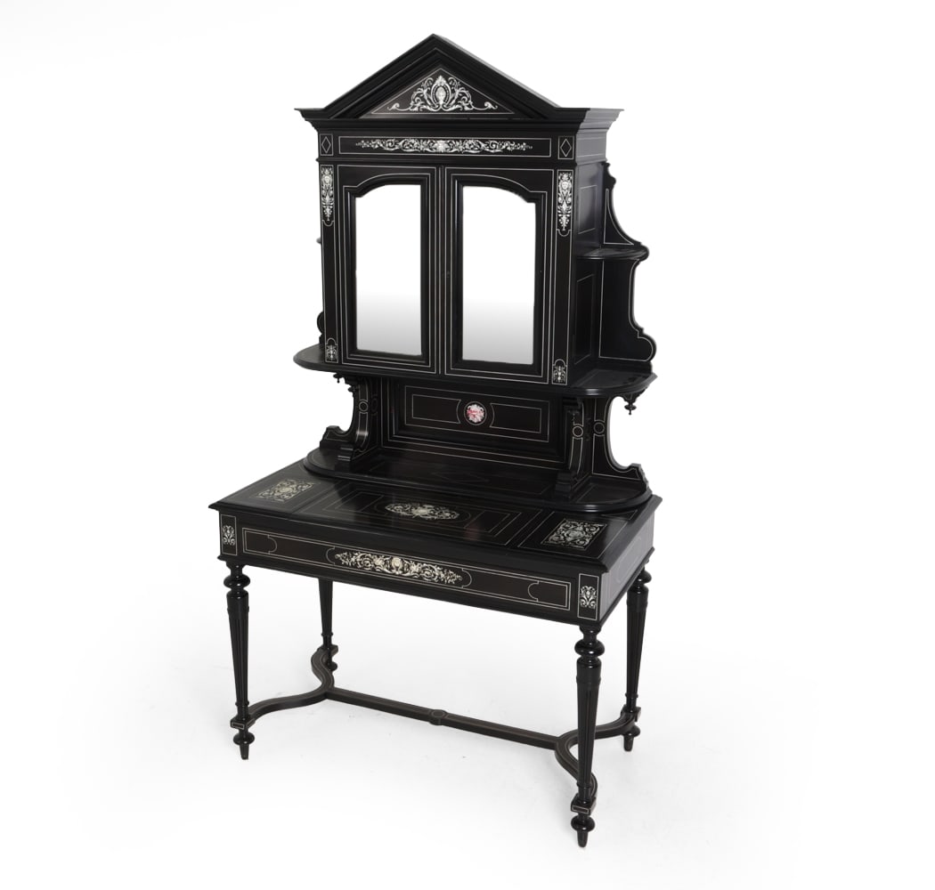 ITALIAN LOUIS XIV STYLE EBONIZED DESK: Ebonized wood with inlay, mirrored glass, and carved details. Italy. 20th century. Dimensions: H 78" x W 43.25" x D 22.75" Condition: Scuffs, discoloration, and cracking of paint. Some splits in wood.