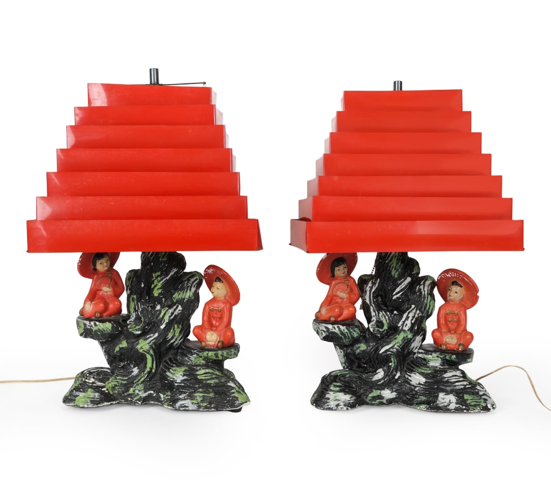 PAIR OF SILVESTRI BROTHERS CHALKWARE LAMPS C.1950S: Marked with Silvestri Brothers. Asian figures and bases with tiered Venetian metal shades. Circa 1950s. Dimensions: H 23" x W 12.5 x D 10" Condition: Scuffs, dings, and wear of finish. Untested. Wear
