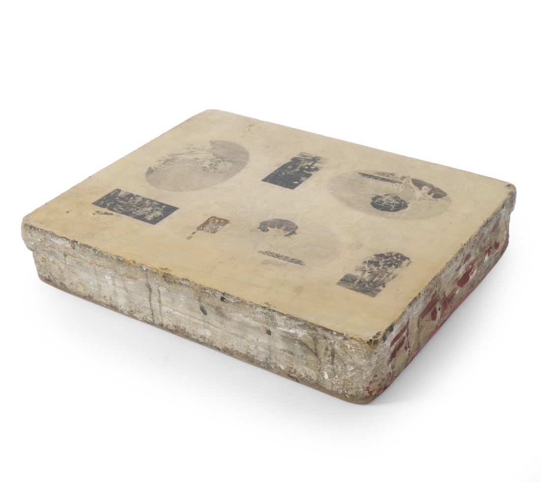 FRENCH PRINTMAKING LITHOGRAPHIC STONE: Thick-cut stone lithographic printmaking block. Designed for early printing. Dimensions: H 12" x W 9.75" x D 2.25" Condition: Fading to lithographs, wear consistent with age and use.
