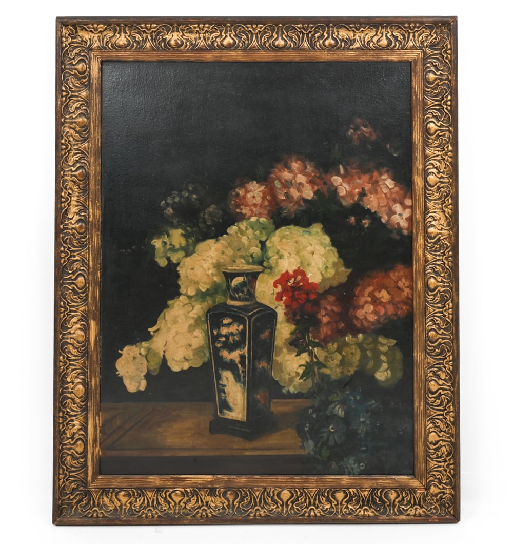 STILL LIFE WITH FLOWERS PAINTING O/B: Apparently unsigned. Oil on board Dimensions: (Frame) H 48.5" x W 38" (Sight) H 39.75" x W 29" Condition: Wear consistent with age. Scuffs to frame.