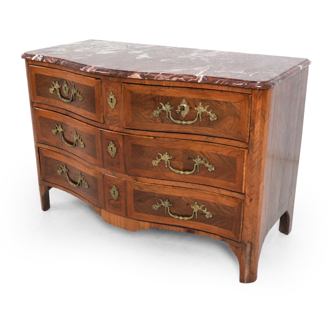 19TH C. FRENCH REGENCY KINGWOOD CHEST OF DRAWERS: Key included. Kingwood veneer frame with marquetry inlay and marble top. Dimensions: H 33.5 " x W 49 " x D 24.25 " Condition: Wear consistent with age and use. Scratches, checking and some veneer