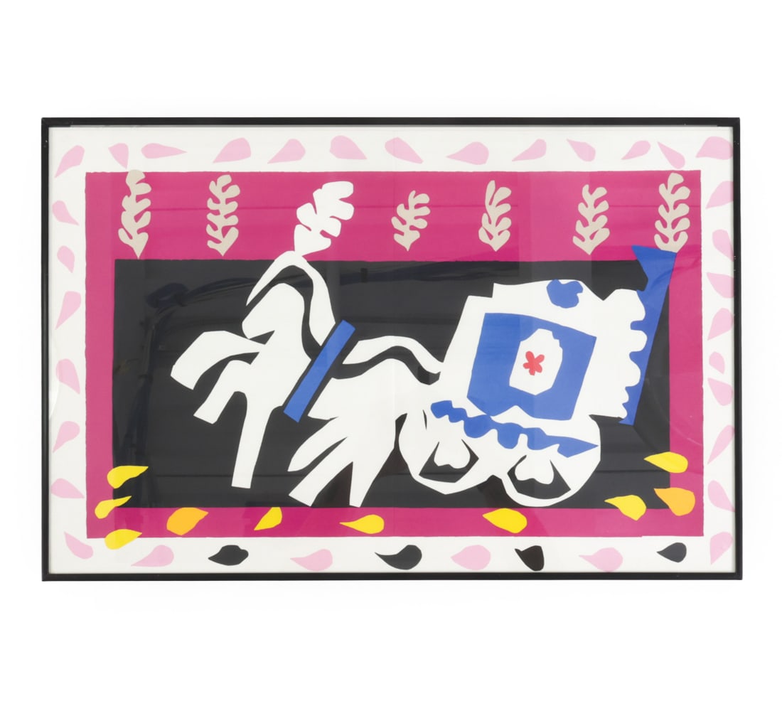 AFTER HENRI MATISSE JAZZ PORTFOLIO LITHOGRAPH: Reproduction of "L'Enterrement de Pierrot" from Matisse's Jazz portfolio. Originally released in 1947, reproduction circa 1983. Apparently unsigned. Dimensions: (Frame) H 16" x W 24" (Sight) H 15.5" x