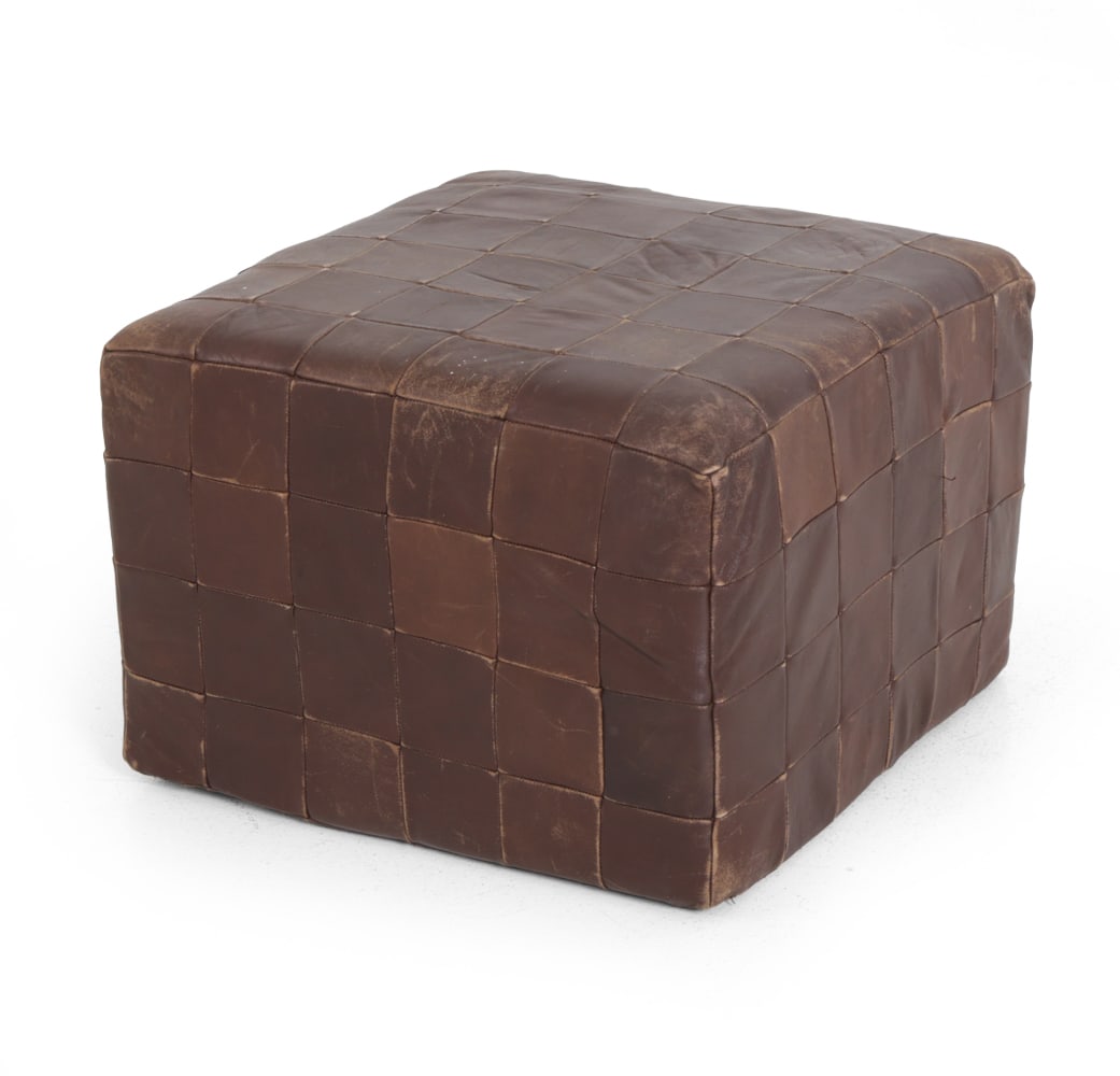 DE SEDE STYLE SCANDINAVIAN LEATHER OTTOMAN 1970S: Dimensions: H 12.5" x W 18.25" x D 18.25". Condition: Scuffs and scratches. Creasing and soiling. wear consistent with age and use. H164