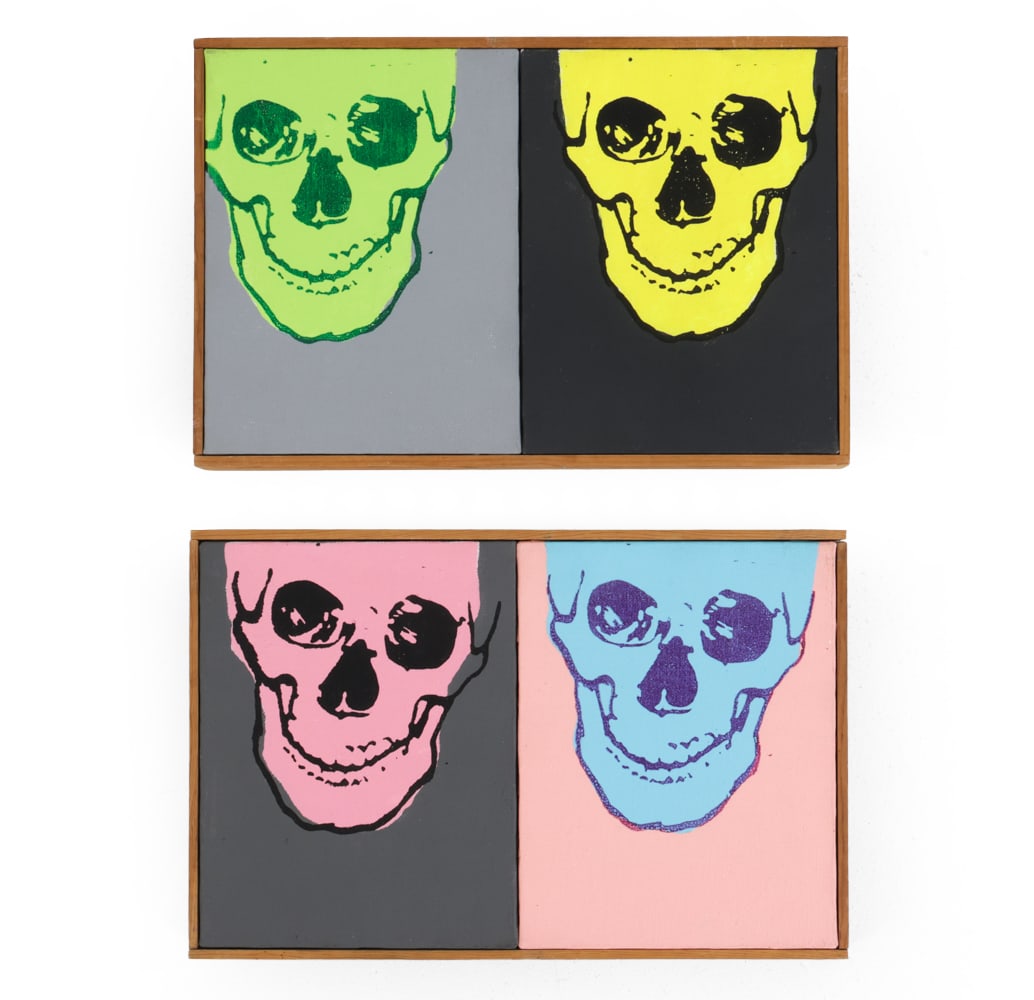 MULTICOLORED SKULLS DIPTYCH A/C: Acrylic paint on canvas. possibly stenciled, Signed "Spectre" on backside and dated 1988. Two frames, each with two canvases. Dimensions: (Frame) H 9.5" x W 14.5" (Sight) H 9" x W 14" Condition: Wear