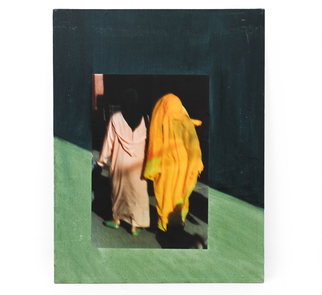 CATHERINE FERIC (20TH CENTURY) PHOTOGRAPH: Photograph of hooded figures walking mounted to an oil painted canvas board. Signed and dated 74 on verso, with artist information on verso. Dimensions: H 19.75" x W 25.5 Condition: Unframed. Some
