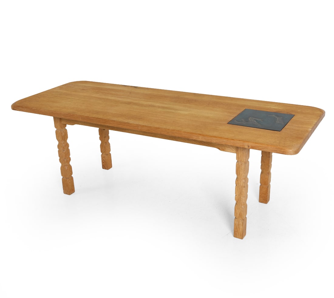 DANISH OAK & TILE COFFEE TABLE C. 1960S: Dimensions: H 22" x W 64" x D 23.75". Condition: Fading and scuffs. Wear consistent with age and use. F059