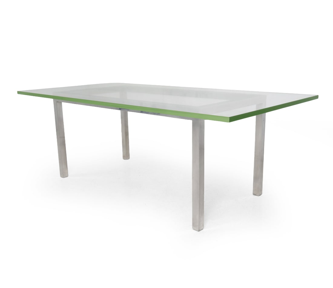 TOBIA SCARPA STYLE GLASS & ALUMINUM DINING TABLE: Thick floating glass top on open-center polished aluminum frame. Dimensions: H 29.25" x W 84" x D 42" Condition: Surface scratches and scuffs. Wear consistent with age and use.