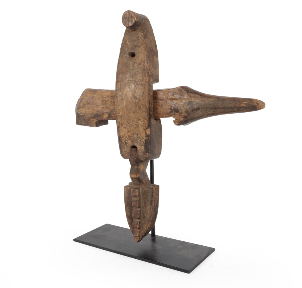 MALIAN CARVED WOOD DOOR LOCK: From Bamana people of Mali. Carved wood on metal stand. Mali Dimensions: H 16.5" x W 14" x D 3.5" Condition: Showing signs of wear consistent with age and use. Scuffs, nicks, discoloration and dings.