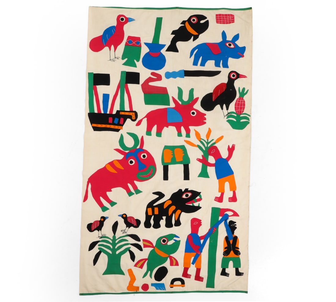 WEST AFRICAN FON PEOPLE ABOMEY APPLIQUE TAPESTRY: Hand-sewn multi-colored applique wall hanging or banner. From the Kingdom of Dahomey. Used to commemorate historical events. Abomey, Benin, West Africa, circa 1950s. Dimensions: L 59 " x W 34 " Condit