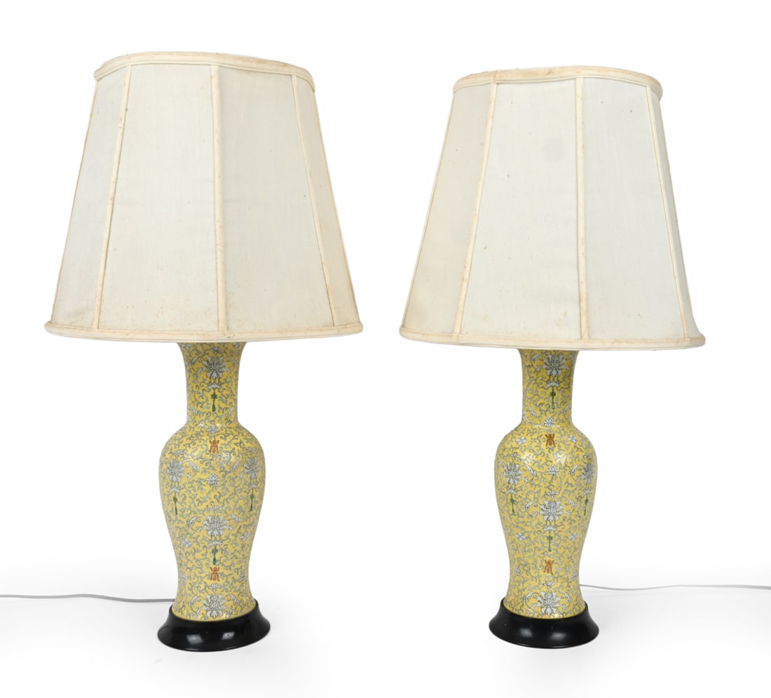 PAIR OF CHINESE PORCELAIN VASE TABLE LAMPS: Ceramic and wood base with shade. Dimensions: H 30.75" x W 16.5" x D 15.75" Condition: Hairline crack as shown in photos, Scratches, discoloration of lampshade, and untested wiring. Wear consistent
