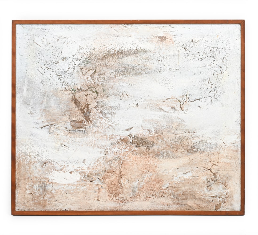 ABSTRACT MIXED MEDIA ON CANVAS PAINTING: Titled "Yeti Land" "Dominican series" on verso. Signed lower left. Mixed media on canvas. Dimensions: (Frame) H 31 x W 37" (Canvas) H 30" x W 36" Condition: Minor handling scuffs, rubs to frame. Wear 