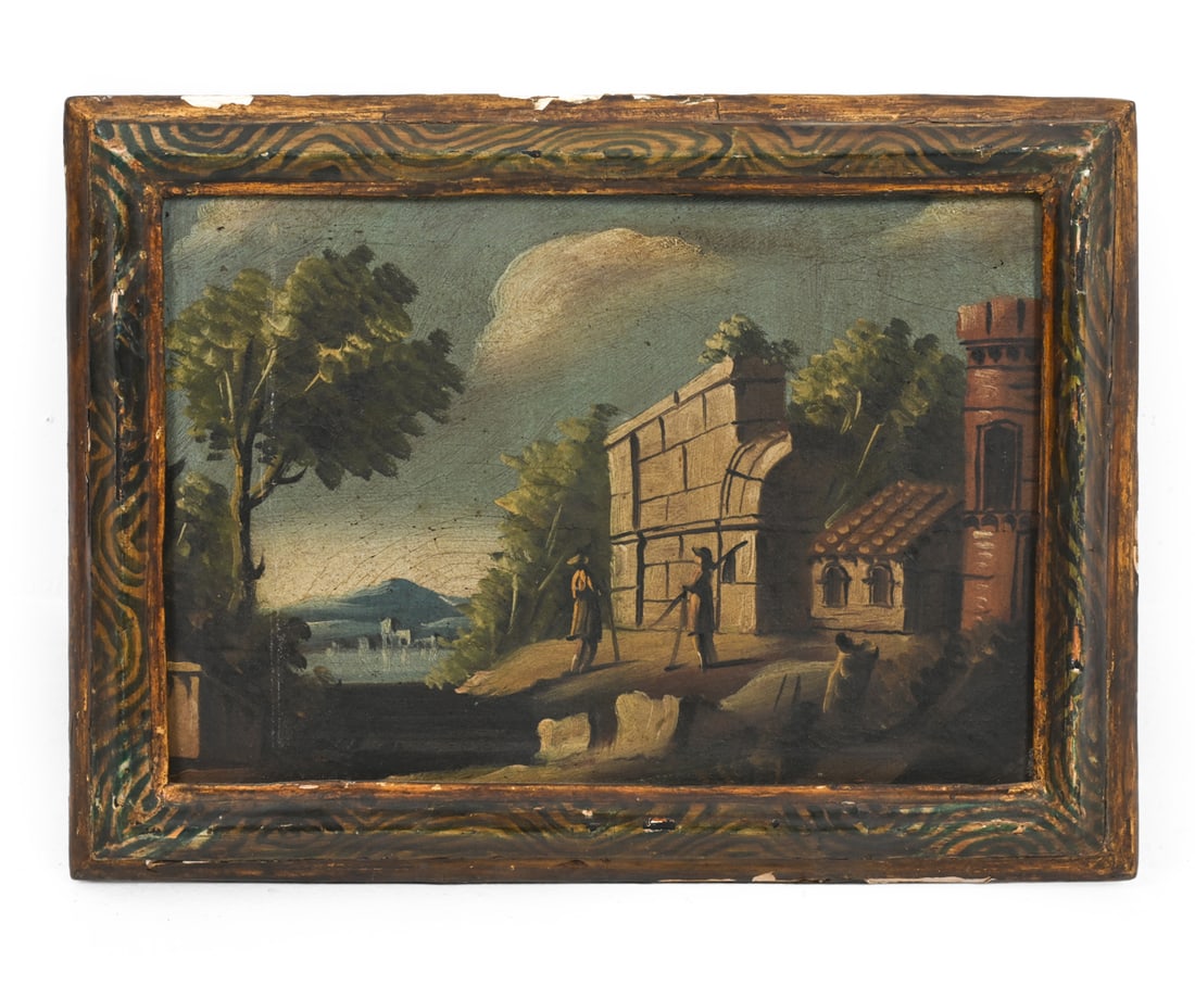 19TH C. CASTLE RUIN LANDSCAPE O/C: Apparently unsigned. Initialed on backside. Oil on canvas. Dimensions: (frame) H 12" x W 16" (canvas) H 9.5" x W 13.5" Condition: With craquelure to art and losses to gilt frame.