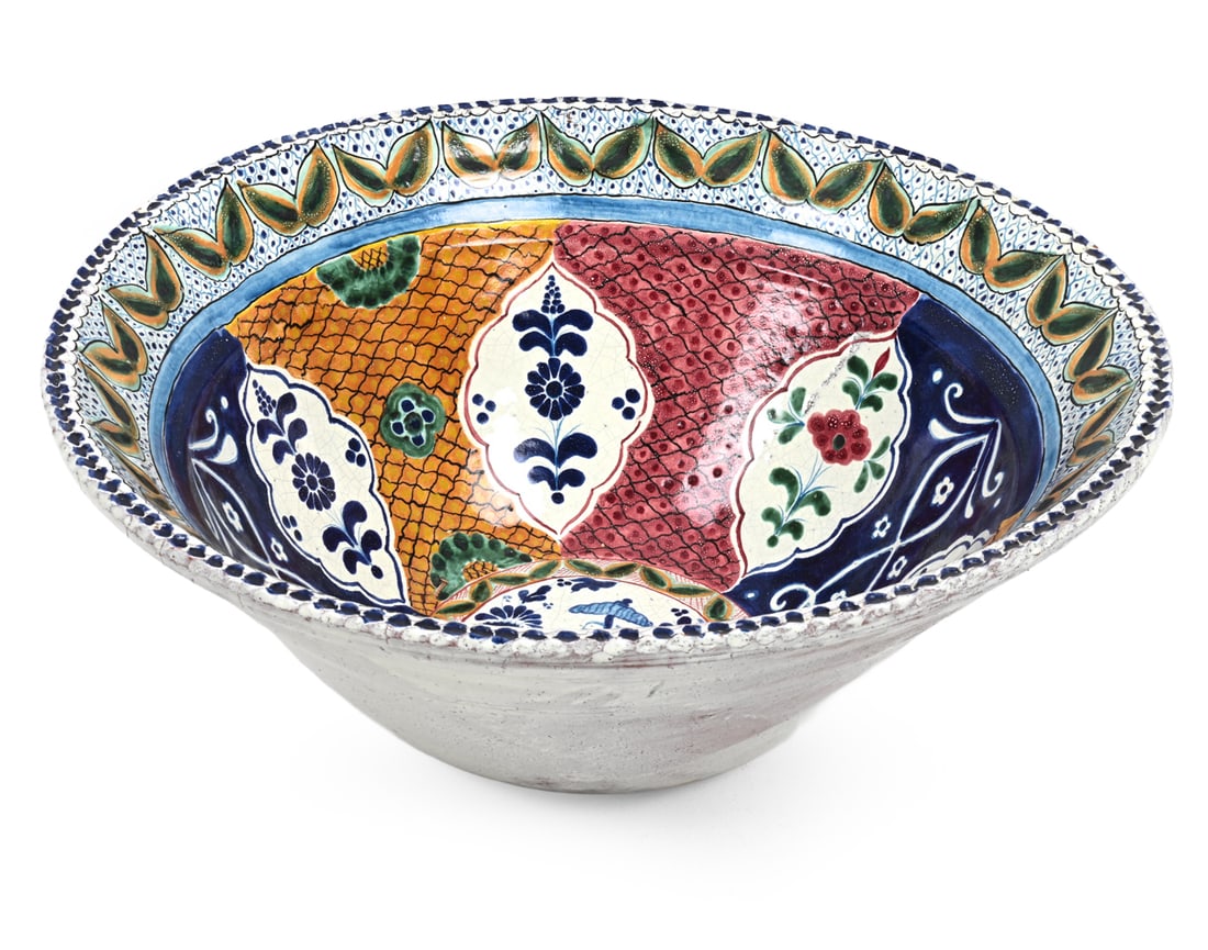 MEXICAN TALAVERA LARGE CERAMIC SERVING BOWL: Painted ceramic in traditional art style. Marked Mexican Talavera pottery underneath. Mexico, 20th century. Dimensions: H 10.5" x W 25.75" Condition: Scuffs, slight discoloration. Wear consistent
