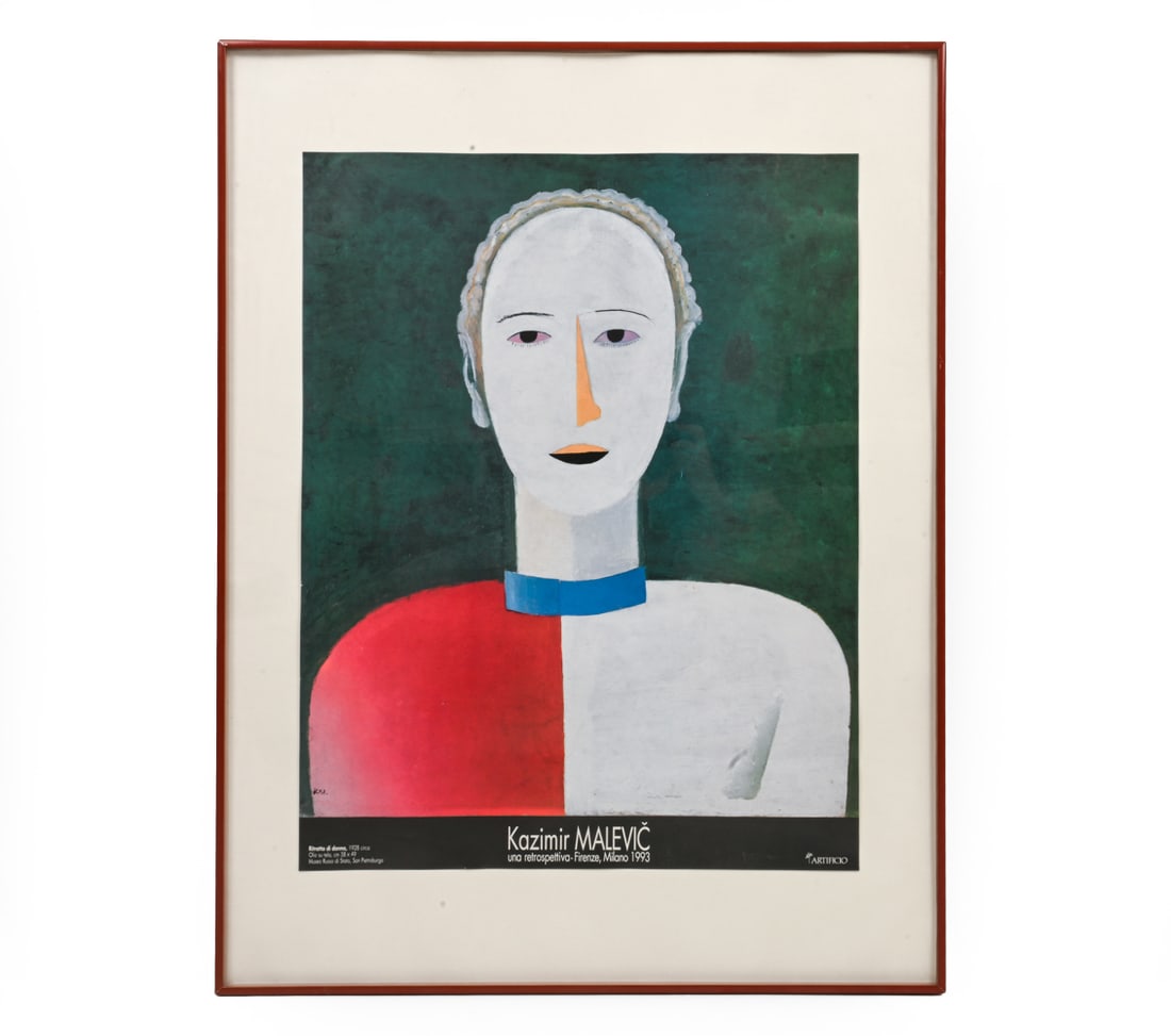 KAZIMIR MALEVICH ITALIAN RETROSPECTIVE POSTER: Depicts Malevich's "Portrait of a Female". Poster for the 1993 Florence and Milan retrospective. Dimensions: (Frame) H 32" x W 24.5" (Print) H 24" x W 18.75" Condition: Scuffs on frame, wear