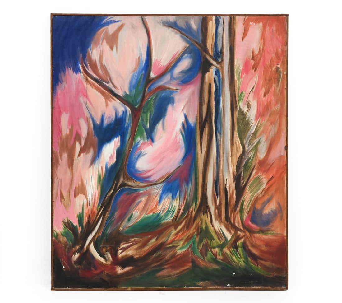 EXPRESSIONIST ABSTRACT LANDSCAPE PAINTING A/C: Apparently unsigned. Acrylic paint on canvas. Dimensions: (Frame) H 35.75 x W 30.5" (Canvas) H 35.25" x W 30" Condition: Minor handling marks and scuffs to frame. Minor craquelure. Wear consistent