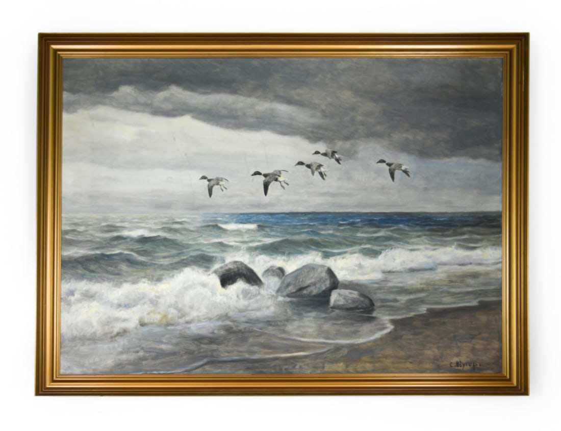 CARL HOYRUP (DANISH, 1893-1961) SEASCAPE O/C: Signed on bottom right corner. Oil on canvas. Dimensions: (Frame) H 45" x W 60" (Sight) H 40.5" x W 55" Condition: Minor scuffs on frame. Wear consistent with age.