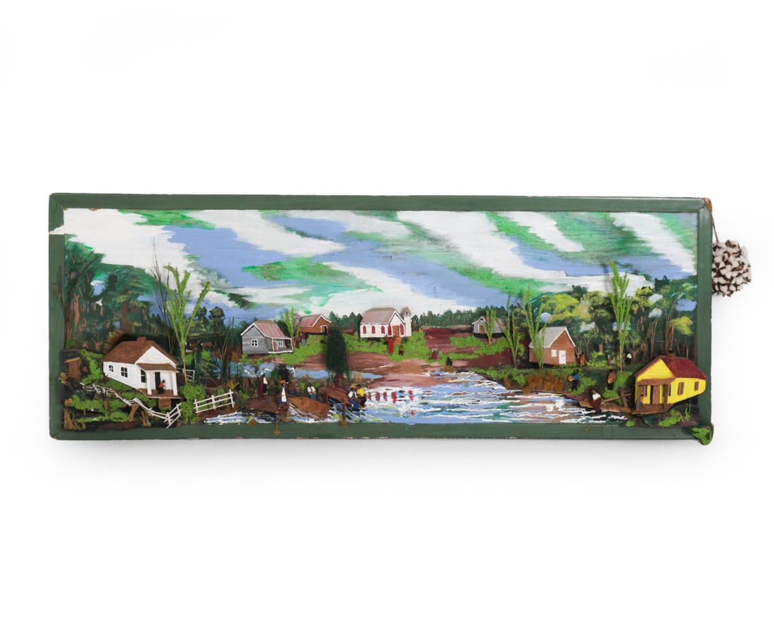 SILAS DEKIND (1947-2021) 3D ASSEMBLAGE ARTWORK: Signed on bottom right hand corner. Titled "Fishing Village". Mixed media. Dimensions: H 27.5" x W 74" Condition: Scuffs, frame is splitting, and chips around frame edge. Losses, Wear consistent with