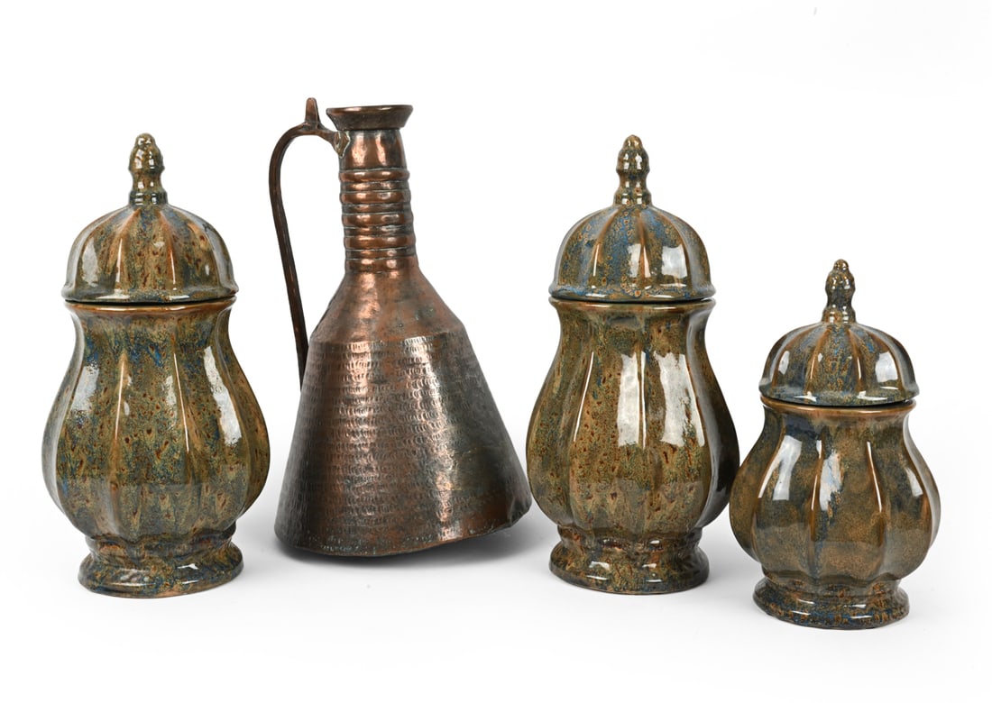 DECORATIVE GROUPING INCL. CERAMICS AND COPPER: (3) ceramic glazed lidded jars and one large copper vessel. Dimensions: (Largest) H 19.5" x Dia 12" Condition: Chip or glaze flaw to bottom of one jar. Wear consistent with age and use.