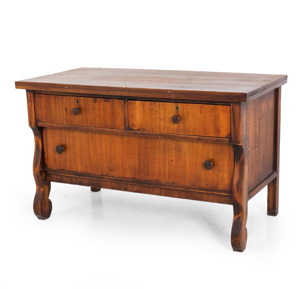 MAHOGANY LOW CHEST OF DRAWERS: No keys included. Mahogany with drawers and scrolled legs. Dimensions: 25.5" x W 42" x D 21" Condition: Minor scuffs and wear of finish. Wear consistent with age and use. Some discoloration.