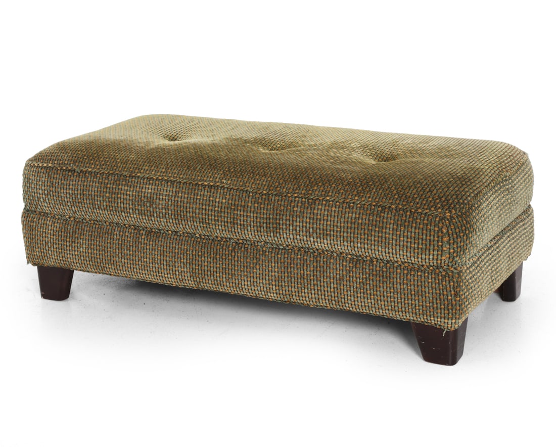 HICKORY STYLE VELOUR BENCH: Textured upholstery with raised velour pattern. 20th century. Dimensions: H 15" x W 44.5" x D 20" Condition: Scuffs, chips, and wear of finish on legs. Upholstery is slightly frayed. Wear consistent