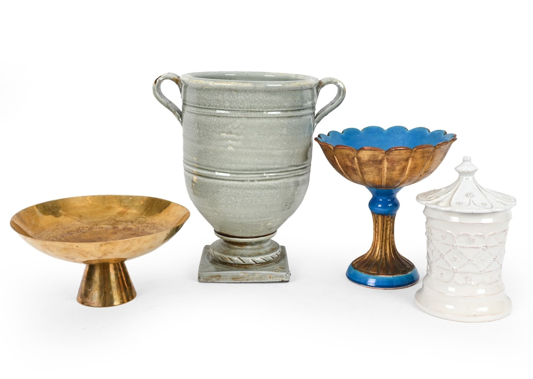 DECORATIVE GROUPING INCL. CERAMIC AND BRASS: Grouping including a brass pedestal bowl, a ceramic lidded vessel, large ceramic urn and an Italian painted ceramic footed pedestal bowl. Dimensions: (Largest) H 14.75" x Dia 14" Condition: Glaze