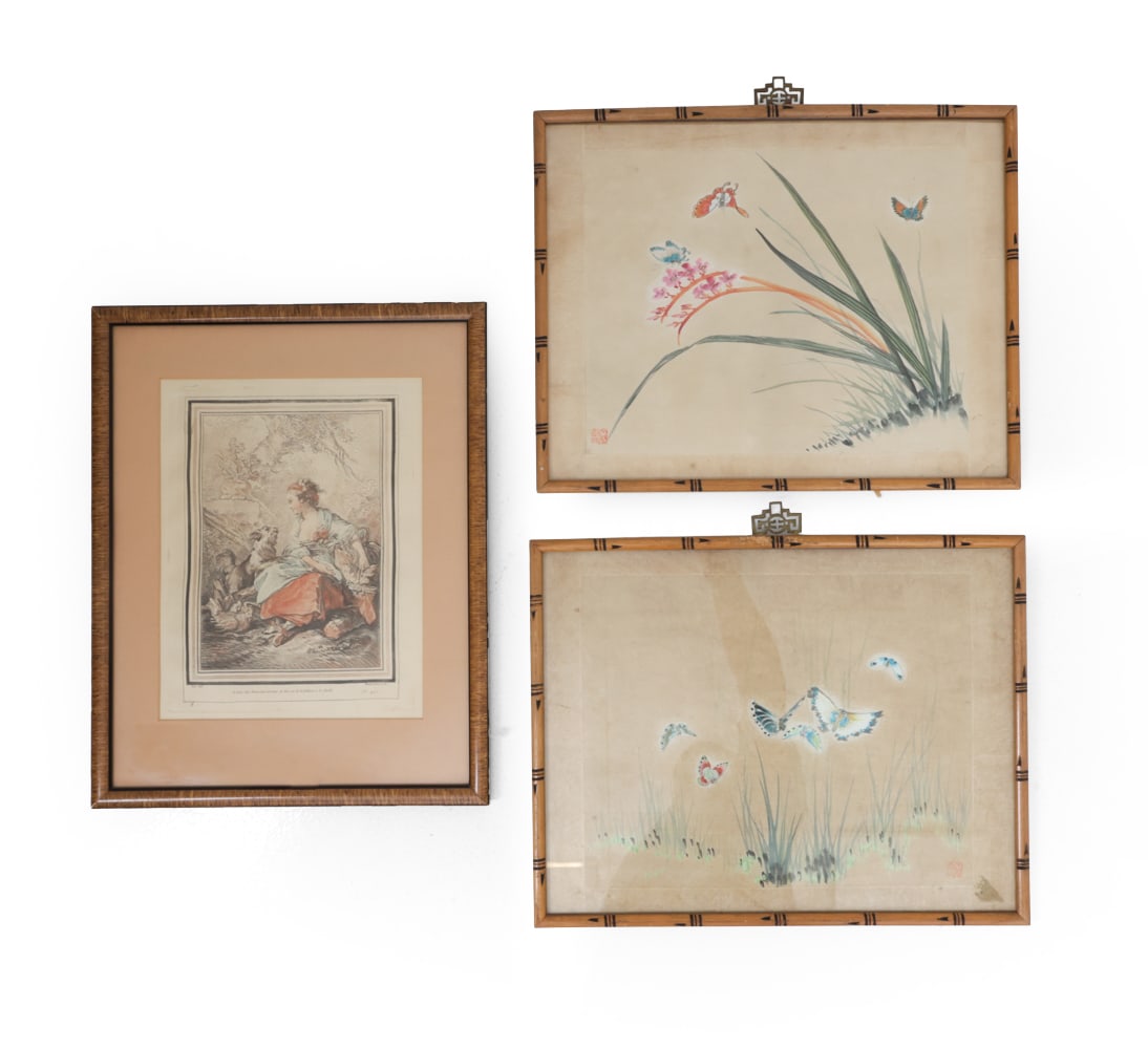 ART GROUPING INCL. LA FERMIERE & CHINESE ART: (3) artworks including two Chinese paintings on silk (both inscribed to bottom) and a reproduction print engraved by Gilles Demarteau, numbered 471 and titled lower margin. Dimensions: (Frame) H