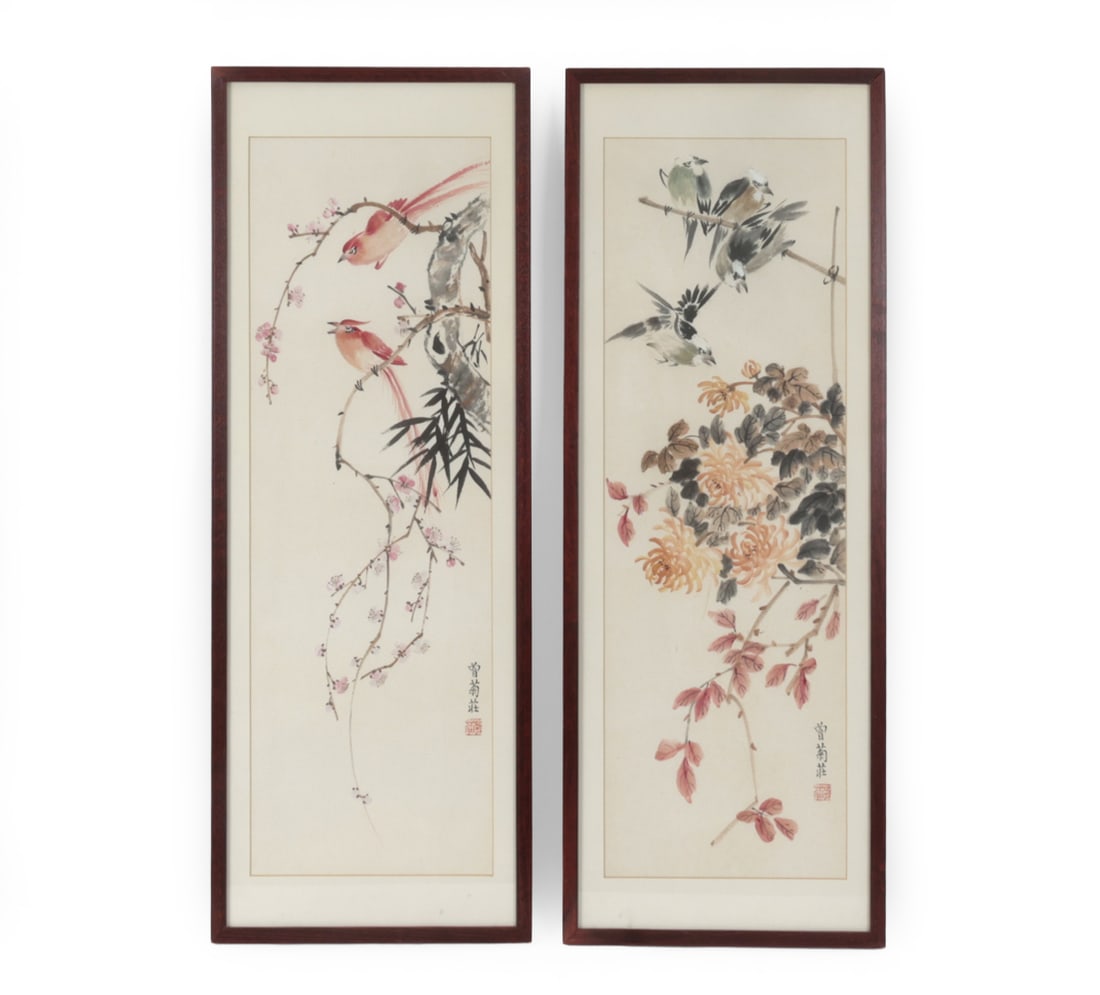 ZENG JUZHUANG CHINESE HUANIAO WATERCOLOR: (2) "Flowers and birds". China, 20th century. Dimensions: (Frame) H 31" x W 11.5" (Sight) H 26 " x W 8.5" Condition: Wear consistent with age. Toning to surface. Minor scuffs to frames.