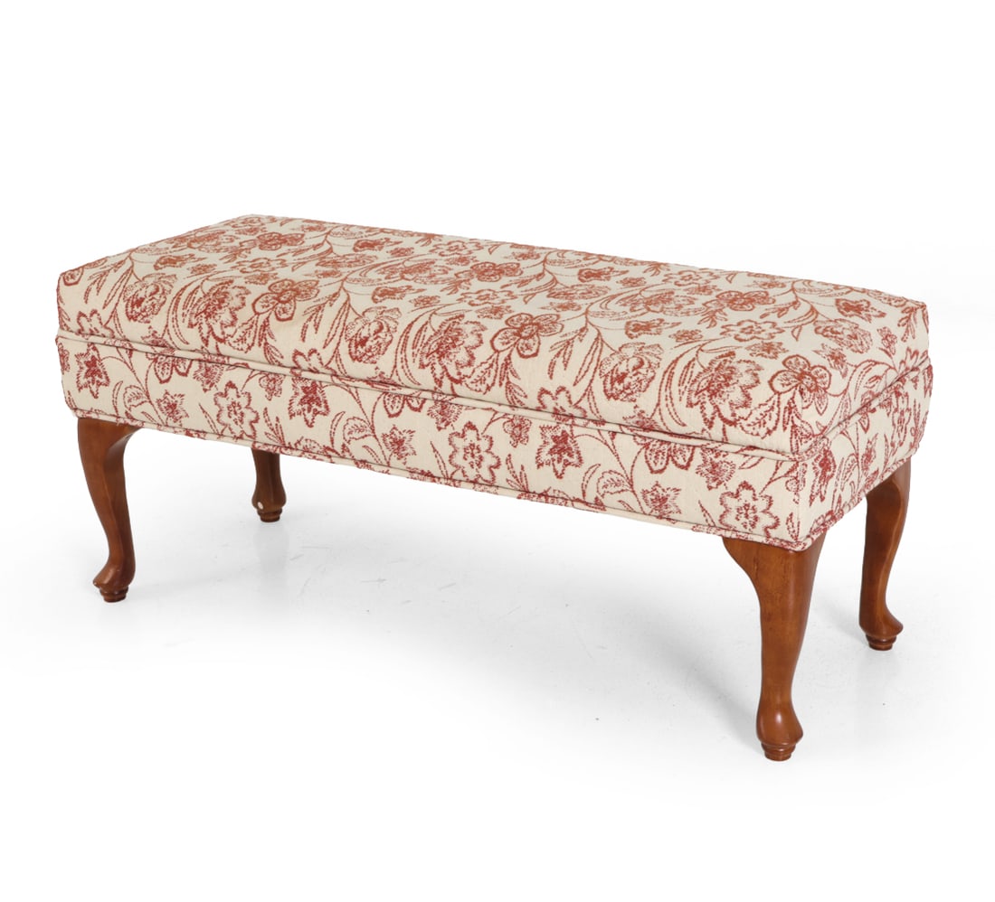 LOUIS XV STYLE UPHOLSTERED BENCH: Dimensions: H 17.5" x W 39.25" x D 15" Condition: Scuffs and fraying of fabric. Wear consistent with age and use.