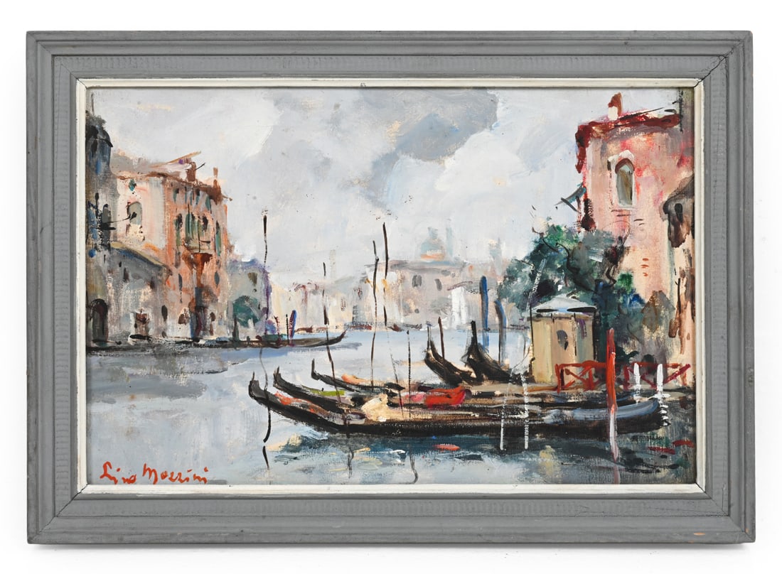 LINO MOZZINI VENICE CANAL SCENE O/C: Signed in bottom left corner. Dimensions: (Frame) H 9.75" x W 13.75" (Canvas) H 8" x W 12" Condition: Minor scuffs on frame. Wear consistent with age and display.
